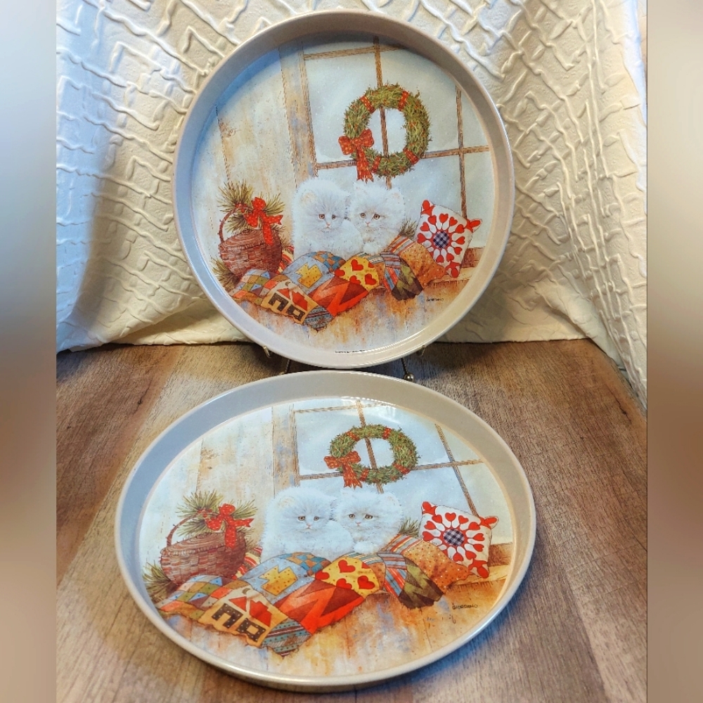 1991 Giordano Metal Tray 11.5" White Kittens Cats Kitties Christmas Giftco x2